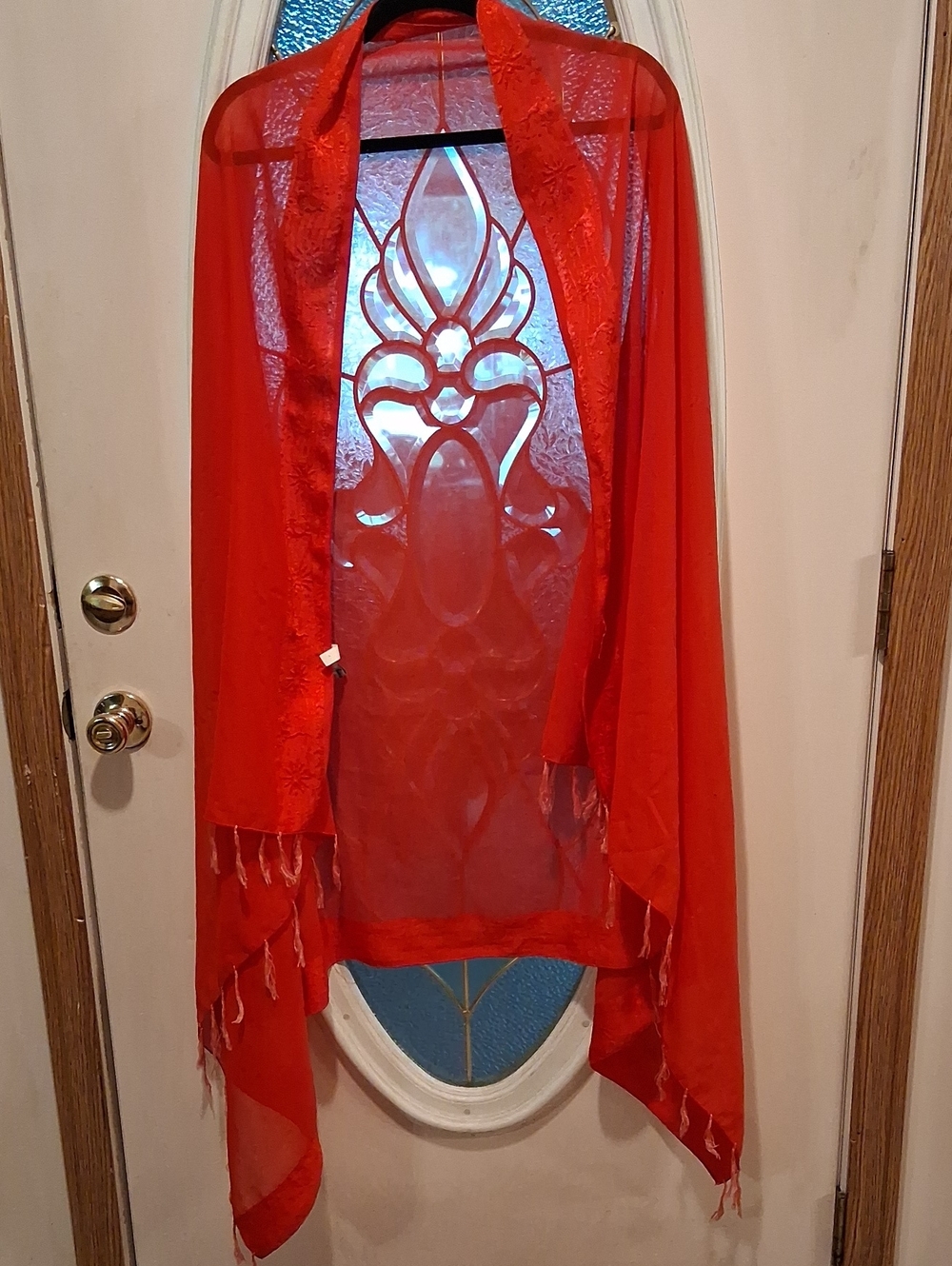Sheer Red Swim Coverup Kimono with Embroidered Trim